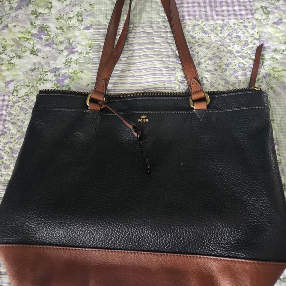 Fossil Black and Brown Leather Tote Bag - Picture 1 of 8